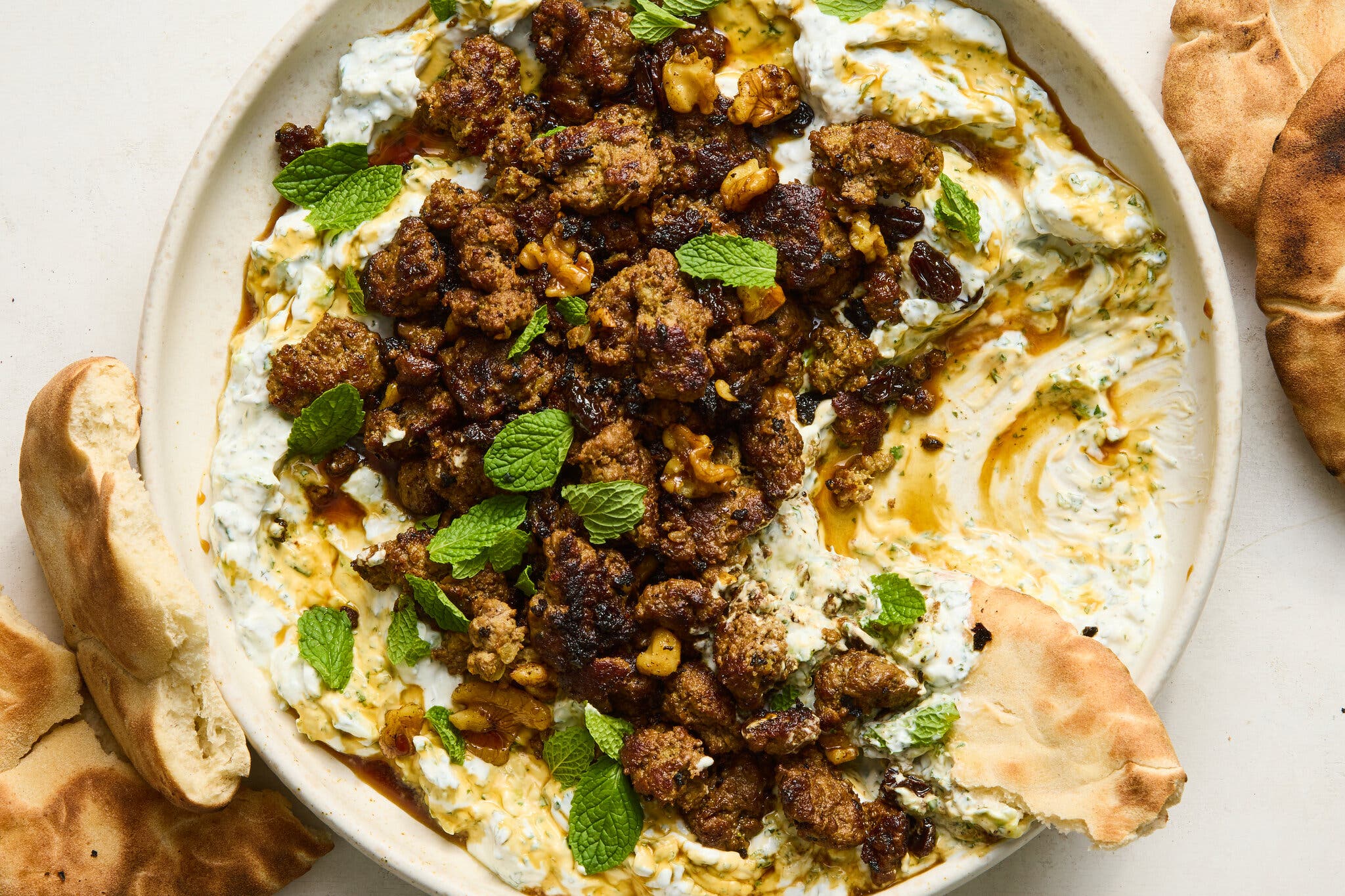 Smashed Beef Kebab with Cucumber Yogurt
